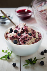 Bowl of blueberry homemade ice cream