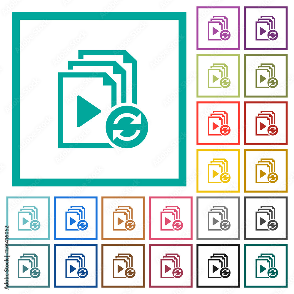 Poster restart playlist flat color icons with quadrant frames