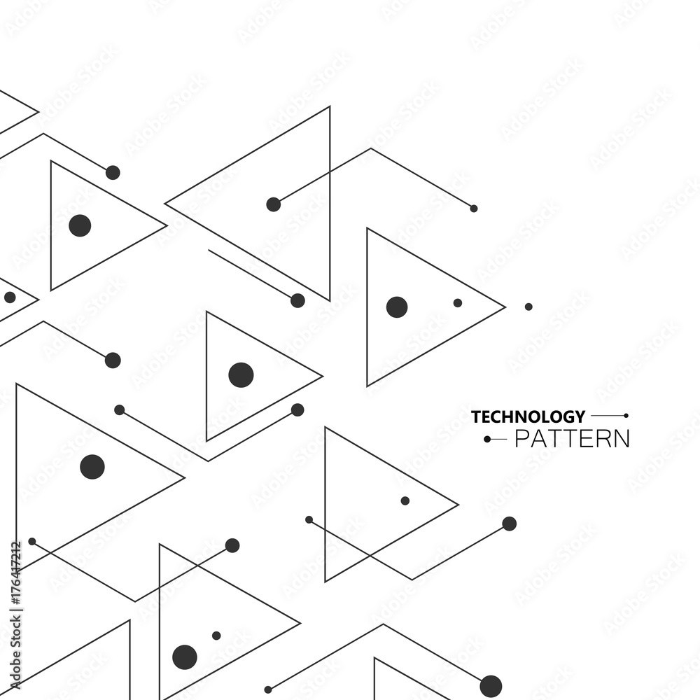 Poster Simple pattern from triangles of lines and black dots, on white background. Designed for use in new technology projects. Simple, minimalistic, abstract background