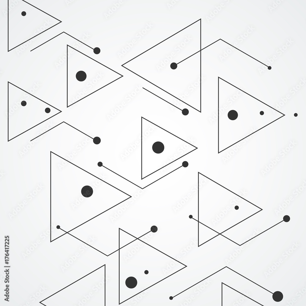 Poster Simple pattern from triangles of lines and black dots, on white background. Designed for use in new technology projects. Simple, minimalistic, abstract background