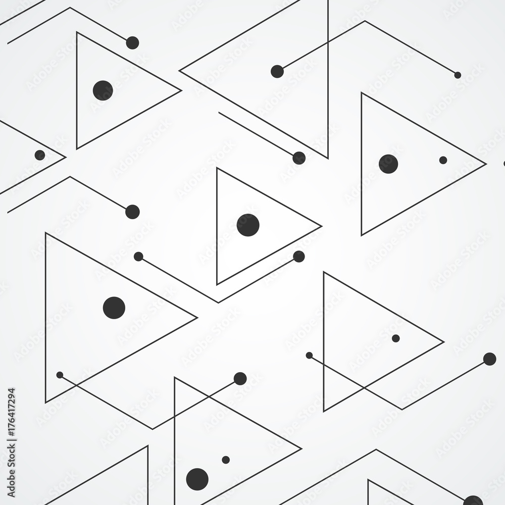 Poster Simple pattern from triangles of lines and black dots, on white background. Designed for use in new technology projects. Simple, minimalistic, abstract background