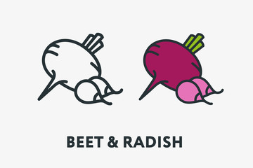 Beetroot and Radish Plant Vegetable Farm Minimal Flat Line Outline Colorful and Stroke Icon Pictogram