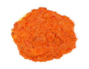 Ajvar, roasted red pepper and eggplant dish, isolated on white background, top view