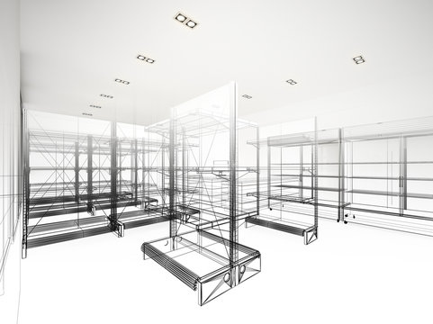 sketch design of supermarket ,3d  rendering