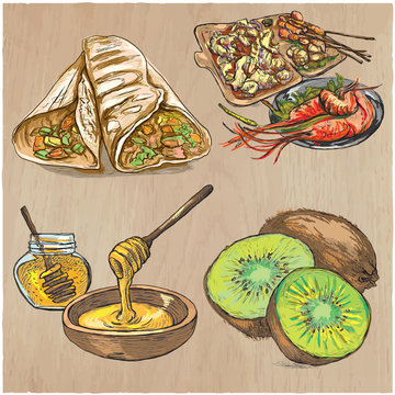 Food. Freehands, hand drawn vector collection. Line art technique.