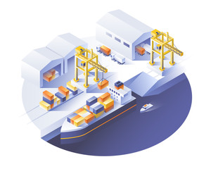 Delivery service concept. Container cargo ship loading, truck loader, warehouse. Isometric vector illustration.