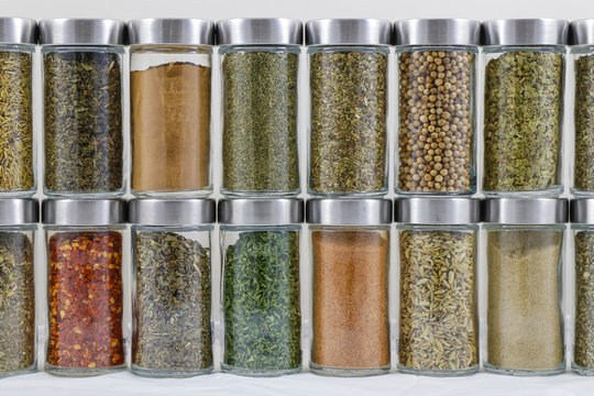 Colorful Herbs and Spices in Jars