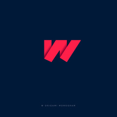 W logo. W monogram. Red origami letter on  dark background.