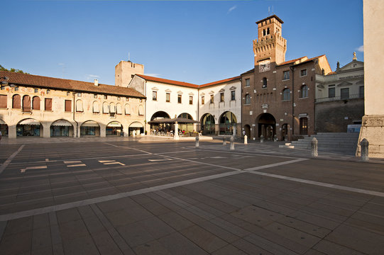 The clock tower or "Torresin" in Piazza Grande in Oderzo. Ancient city of Roman origin in the province of Treviso, Italy.