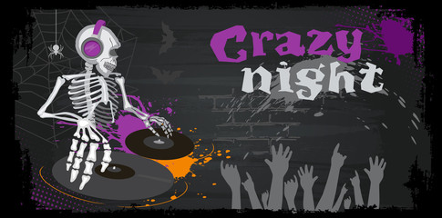 Poster or flyer with DJ skeleton for Halloween party. Disc Jockey with vinyl records in a nightclub. Cartoon Ghost, bones and spider. Background with web, horror. Silhouette of dancing people. Vector.
