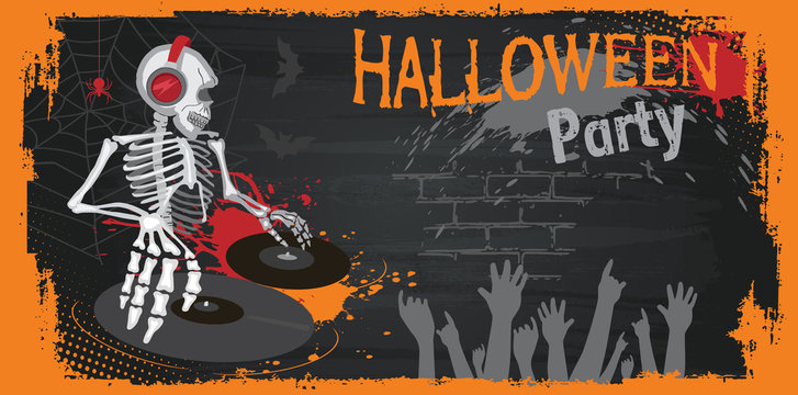 Poster or flyer with DJ skeleton for Halloween party. Disc Jockey with vinyl records in a nightclub. Cartoon Ghost, bones and spider. Background with web, horror. Silhouette of dancing people. Vector.