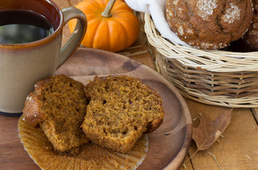 Sliced Pumpkin Muffin on a Wooden Plate