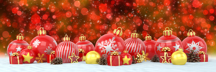 many red and golden christmas baubles and christmas decorations over bokeh background - panorama - merry christmas concept