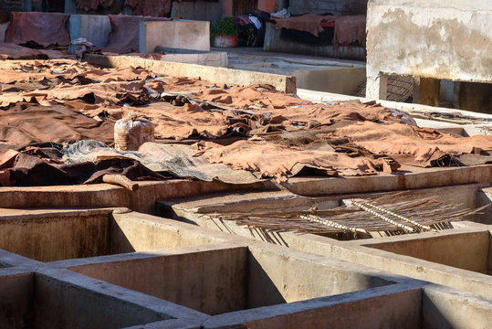 Leather drying in traditional tannery. Marrakech. Morocco
