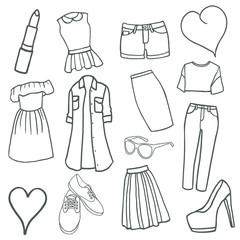 Vector doodle women clothes icons set. stock illustration