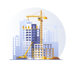 Construction of residential houses. Construction site concept design. Flat style vector illustration.