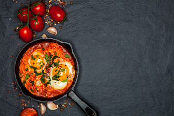 Breakfast. Shakshuka with bread in pan on a black rustic background. Fried eggs with tomatoes. Top view. Space for text. Middle eastern style breakfast or lunch