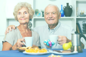 Fototapeta na wymiar Happy mature couple drinking tea in kitchen