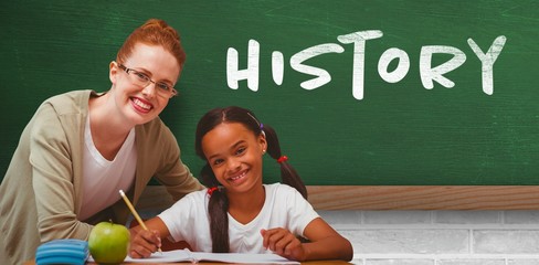 Composite image of happy pupil and teacher