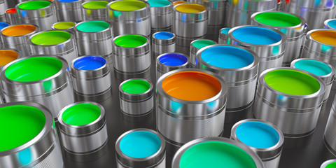 Colurful paint buckets on black background - 3D Rendering