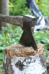The axe sticks in the log
