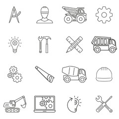 Engineering, construction and repair tools outline icon set. Vector illustration.