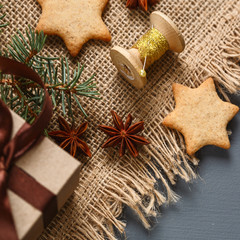 Fototapeta na wymiar Christmas gingerbread cookies and Christmas gifts