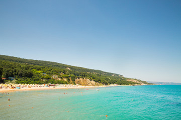 Fototapeta na wymiar Beautiful sea coast, Sea beach, resort area in sunny weather in Bulgaria, golden sands