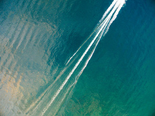 Overhead view of a boat's wake