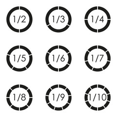 Circular diagram set. Pie chart template. Circle infographics concept with 2,3,4,5,6,7,8,9,10 steps, parts, levels or options isolated on white background. Vector illustration.