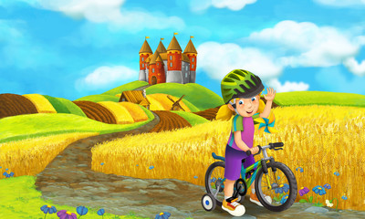Cartoon scene with young girl on a bicycle near the castle - illustration for children