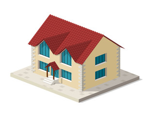 Little isometric house with shadow on white background. Real estate, rent and home concept. Vector illustration