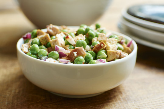 Green Pea Salad with Mushrooms and Vegan Hot Dog Bites