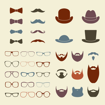 Gentleman accessories icon set. Glasses, hat, beard, mustache and bowtie. Vintage or hipster style. Vector illustration.