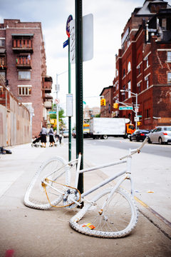 Damaged white bicycle in Brooklyn