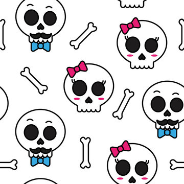 Cute sugar skull boy and girl seamless pattern