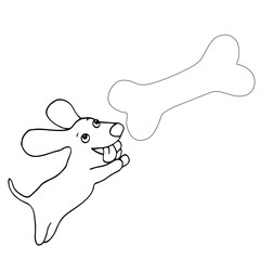 Black white small dog jumping over a huge bone, cartoon funny st