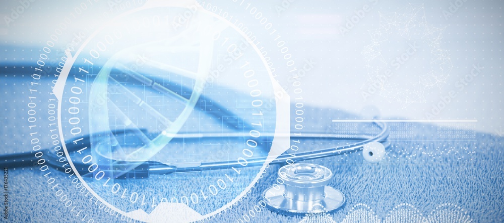 Poster composite image of digital image of dna helix with numbers