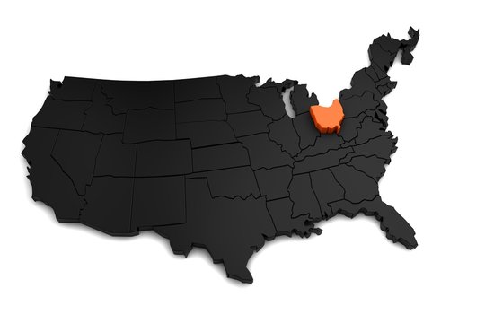 United States of America, 3d black map, with ohio state highlighted in orange. 3d render