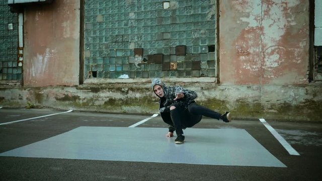 Hip-hop and breakdance. Breakdancer dancing in the street. Slow motion. HD