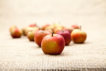 Small, red apples with burlap texture in the background
