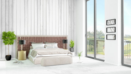 Brand new white loft bedroom minimal style interior design with copyspace wall and view out of window. 3D Rendering.