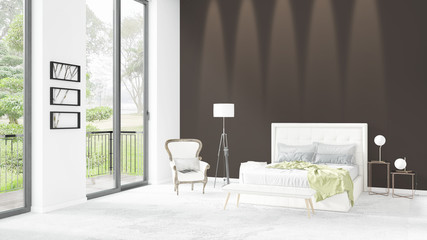 Brand new white loft bedroom minimal style interior design with copyspace wall and view out of window. 3D Rendering.