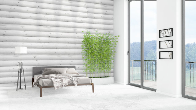 Brand new white loft bedroom minimal style interior design with copyspace wall and view out of window. 3D Rendering.
