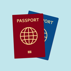 Red and blue passports in flat style. Vector illustration.
