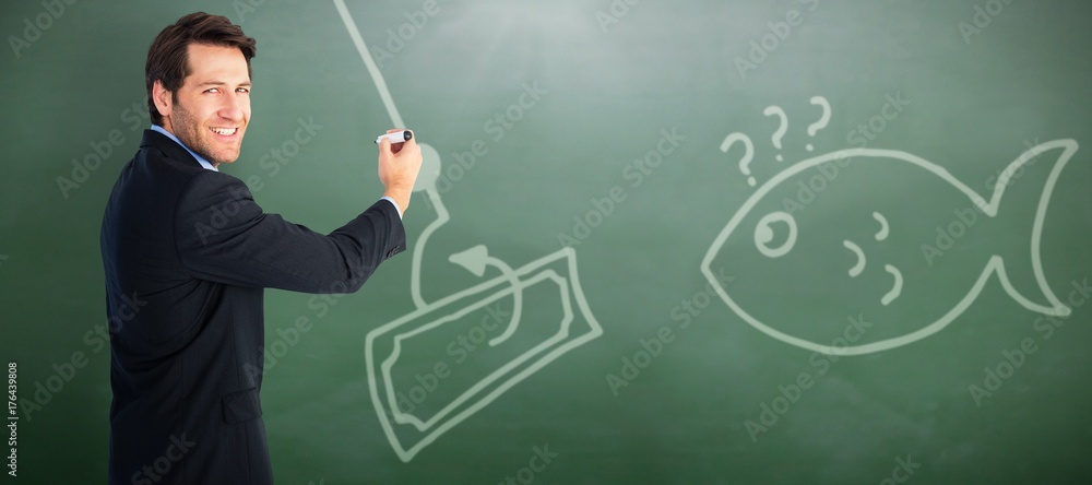 Sticker Composite image of businessman writing with marker while looking