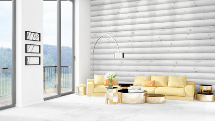 Brand new white loft bedroom minimal style interior design with copyspace wall and view out of window. 3D Rendering.