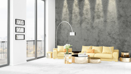 Brand new white loft bedroom minimal style interior design with copyspace wall and view out of window. 3D Rendering.