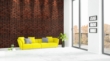 Brand new white loft bedroom minimal style interior design with copyspace wall and view out of window. 3D Rendering.