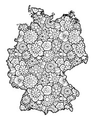 Map of Germany with flowers. Black and white vector illustration, coloring page for adults
